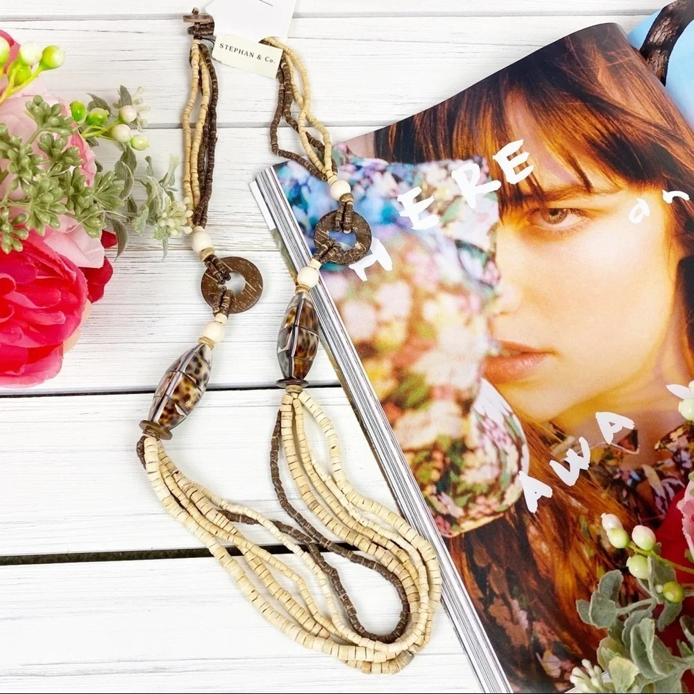 Bohemian Boho Wood Shell Statement Necklace